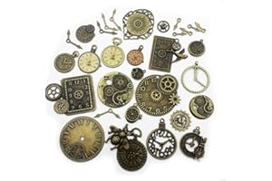 ILOVEDIYBEADS 30pcs Antique Bronze Mix Skeleton Steampunk Clock Face Watch Gear Cog Wheel Pendant Charms Jewelry Making DIY Steampunk Gear Pendant Charms Wholesale (M071)