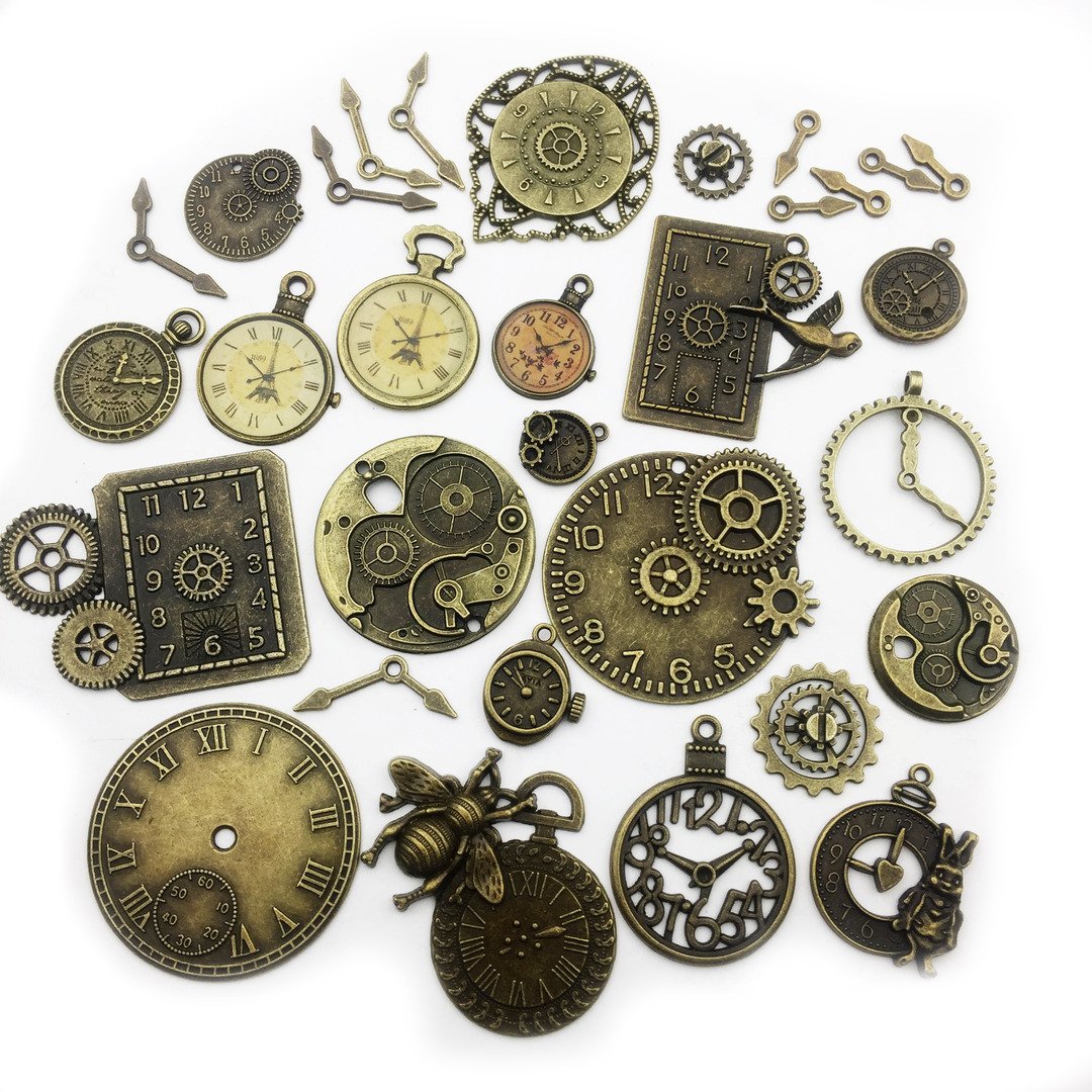 YoudiylaUK 30 pcs Mixed Antique Bronze Watch Clock Face Gear Steam Punk time charms pendants DIY Necklace Bracelet Pendants for Jewelry Making M71