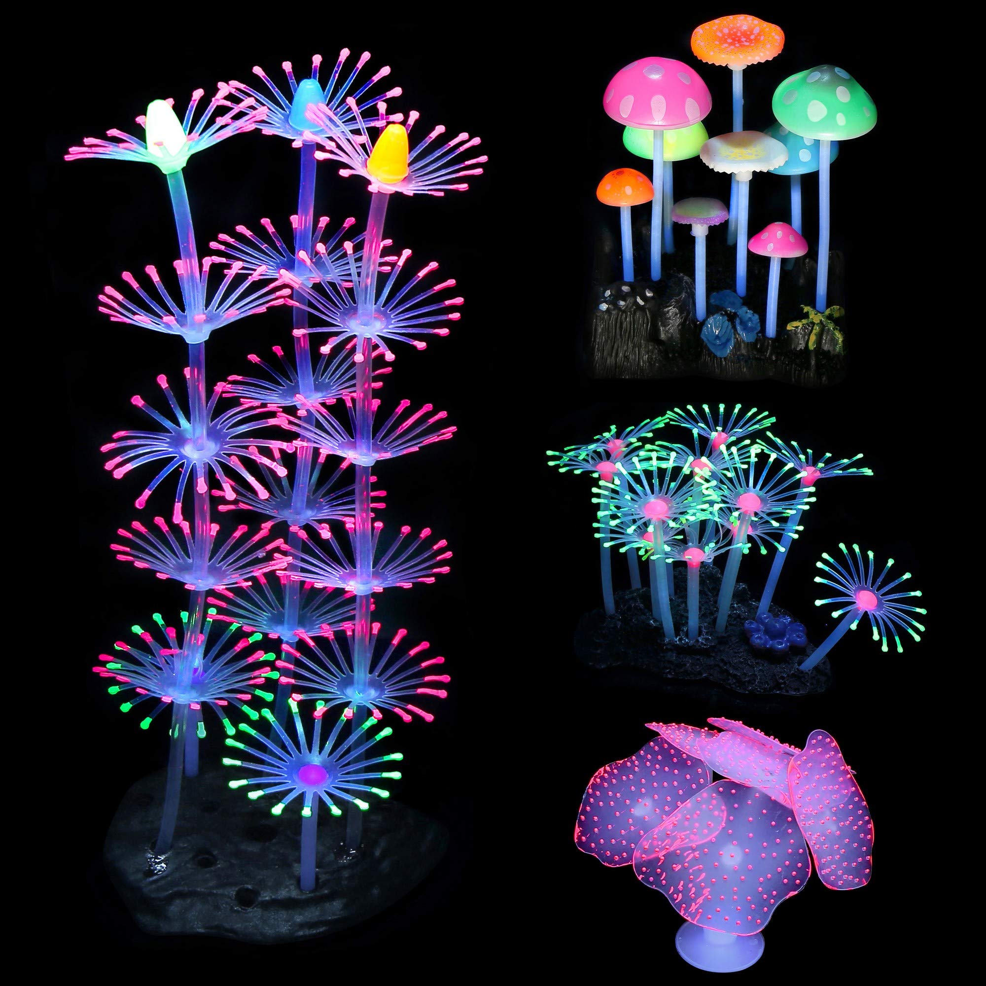 4 Pack Glow Fish Tank Decoration Glowing Effect Coral Reef Aquarium Decoration Accessories Glow Silicone Mushroom Sea Anemone Simulation Fish Tank Plant for Fish Tank, Aquarium Landscape
