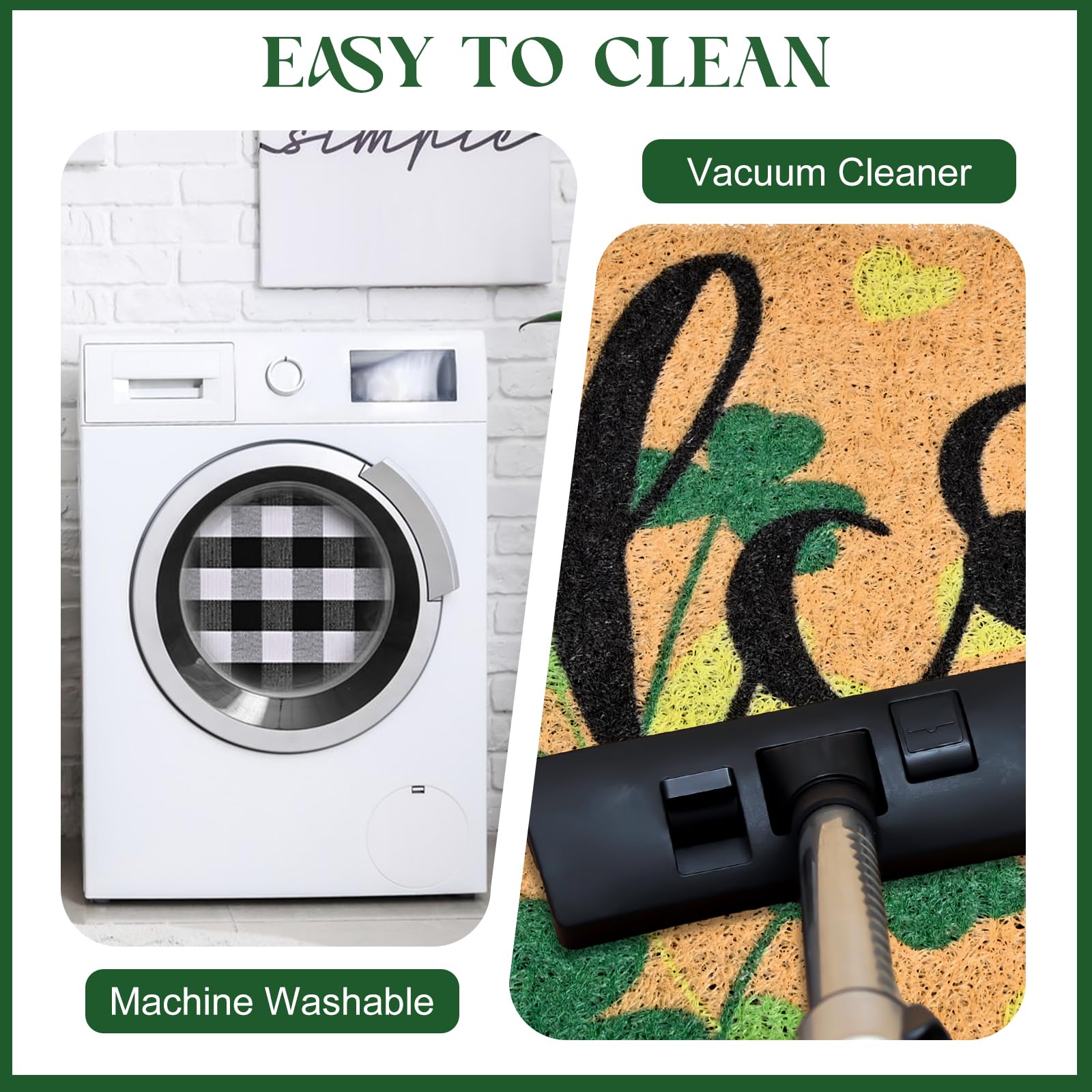 2 Pack St Patricks Day Door Mat Combo Set - 17 x 30 Inch Lucky Clover Welcome Mat + 28 x 43 Inch Black and White Plaid Rug, Non-Slip Holiday Collection Doormat for Front Porch Entryway Decor - Image 6