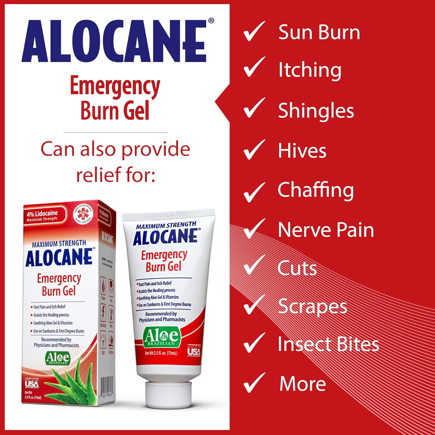 Alocane® Emergency Burn Gel, 4% Lidocaine Max Strength Fast Pain Itch Relief for Minor Burns, Sunburn, Kitchen, Radiation, Chemical, First Degree Burns, First Aid Treatment Burn Care 2.5 Fl Oz, 2 Pack: Health & Personal Care