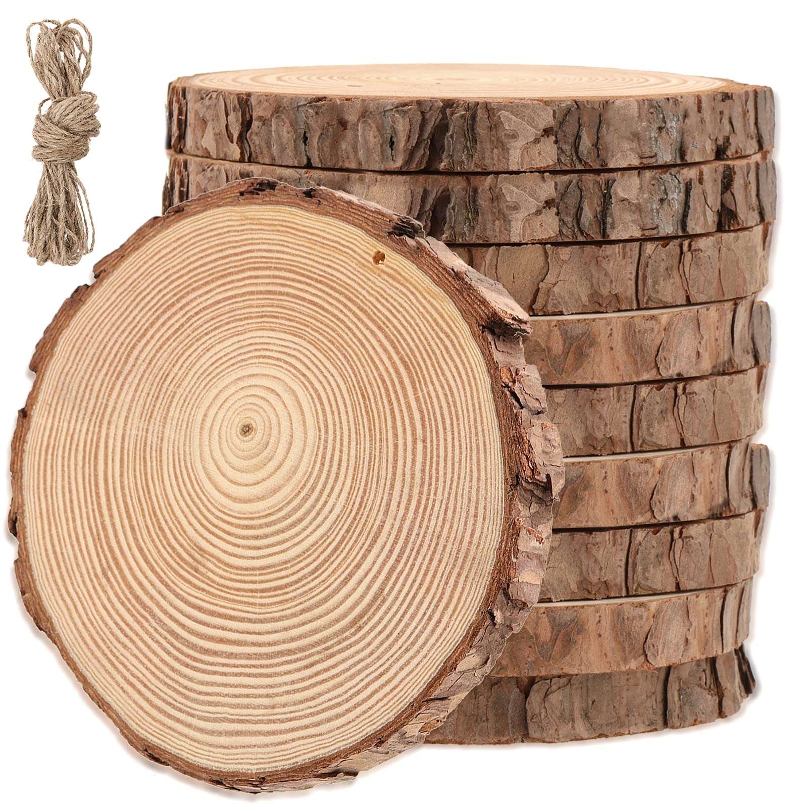 MANCHAP 10 PCS 15-16cm Drilled Hole Wood Log Slices, Unfinished Wooden Circles Wood Discs with Hanging String for Crafts, Painting, Wall Decor, DIY Projects