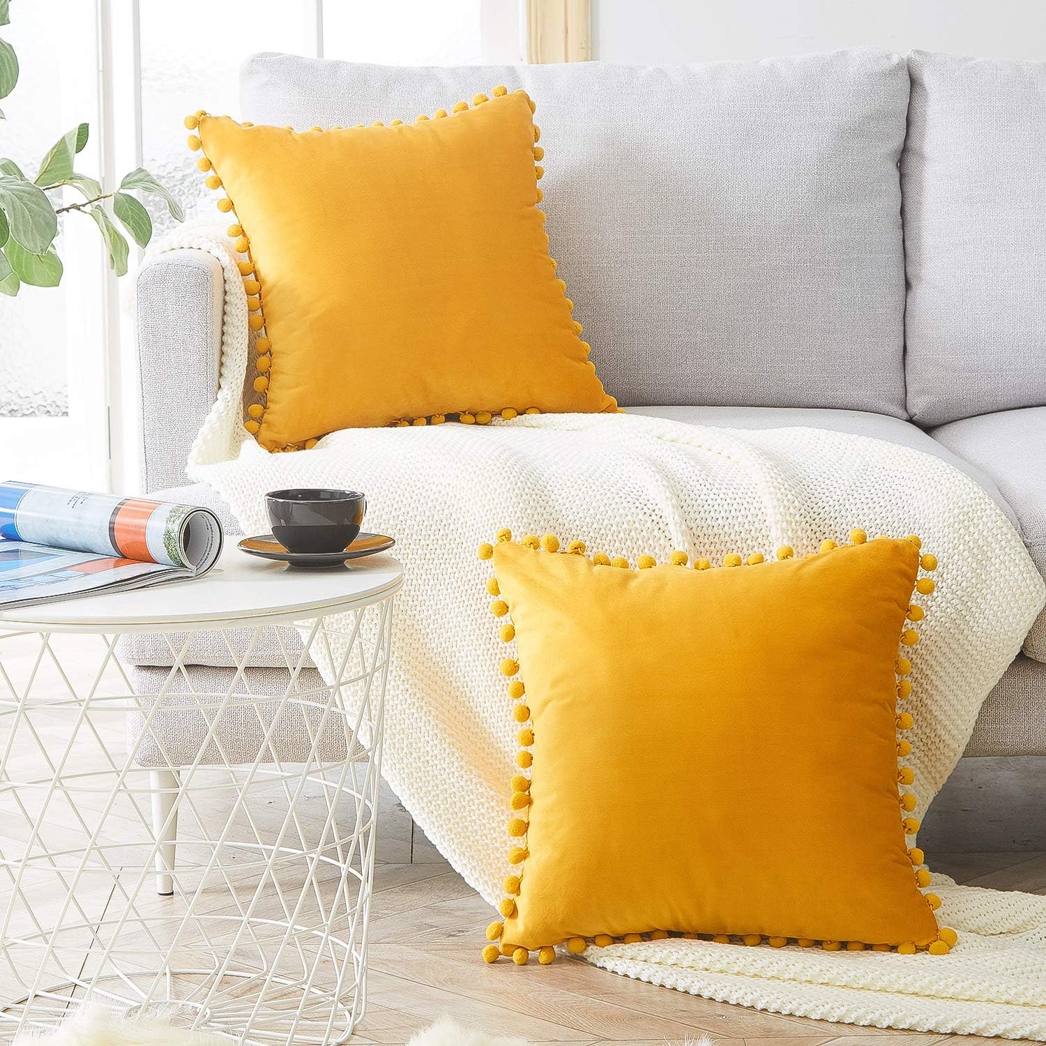 Top Finel Decorative Throw Pillow Covers with Pom Poms Soft Particles Velvet Solid Cushion Covers 20 X 20 for Couch Bedroom Car, Pack of 2, Mustard Yellow: Home & Kitchen