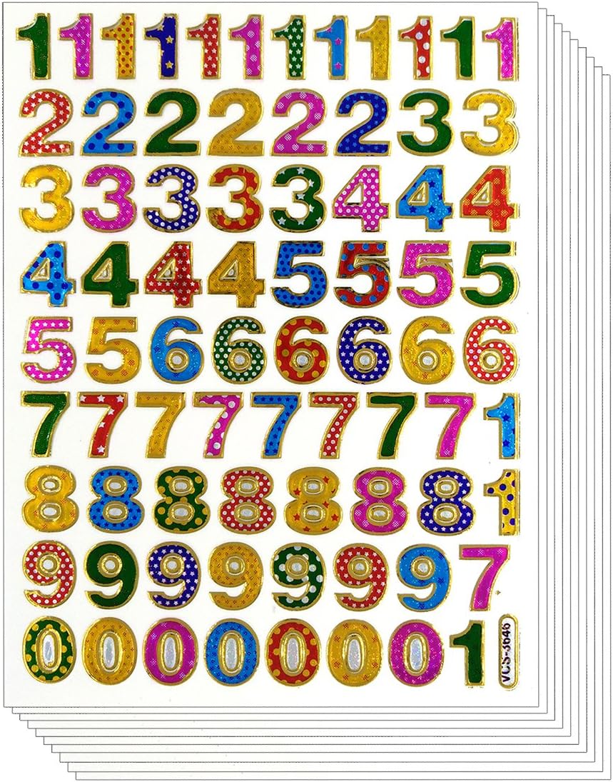 Colorful 0-9 Number, 10 Sheets Self-Adhesive Glitter Metallic Foil Reflective Sticker Decorative Scrapbook for Kid, Birthday Party, Photo, Card, Envelope, Diary, Album. Each Number 0.5 Inches High