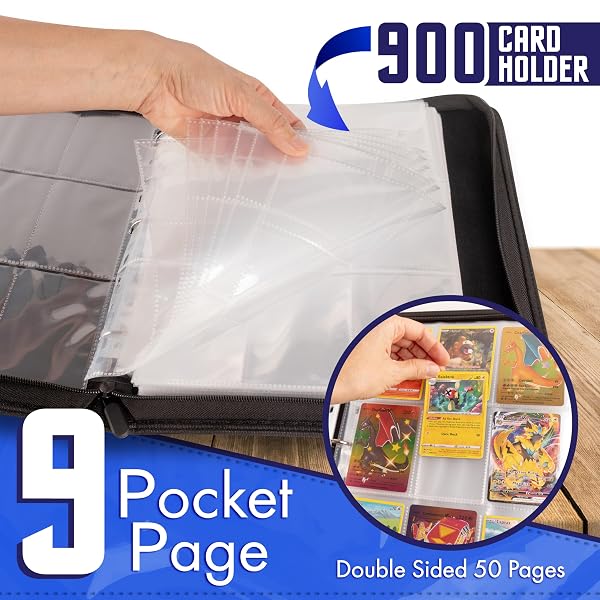 POKEMON CARD BINDER 900 POCKET WITH MAGNIFYING GLASS – TRADING CARD STORAGE ALBUM ZIPPER 3 RING FOR MTG SPORTS CARDS TCG – PREMIUM BLACK HOLDER ORGANIZER