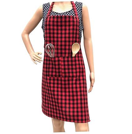 Pixel Home Cotton Apron100% Cotton Check Kitchen Apronwith Front Center Pocket Best