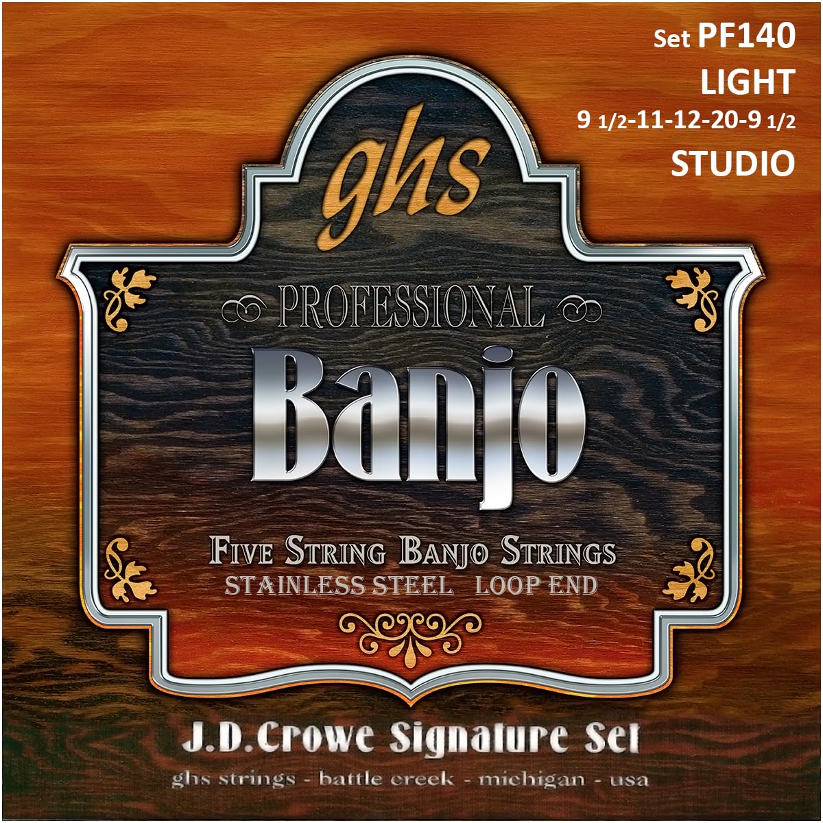 GHS Strings PF140 J.D. Crowe Signature Series (Studio), 5-String Stainless Steel Banjo Strings, Light (9 1/2-20)