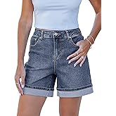 luvamia Jean Shorts for Women Trendy High Waisted Mid Thigh Fold Hem Cutoff Casual Summer Stretchy Denim Shorts Jorts