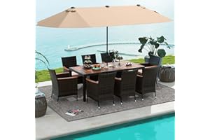 Tangkula 10 Piece Patio Rattan Dining Set with 15Ft Double-Sided Umbrella, Outdoor Heavy Duty Acacia Wood Table and Stackable Wicker Chairs Set, Umbrella with Weighted Base