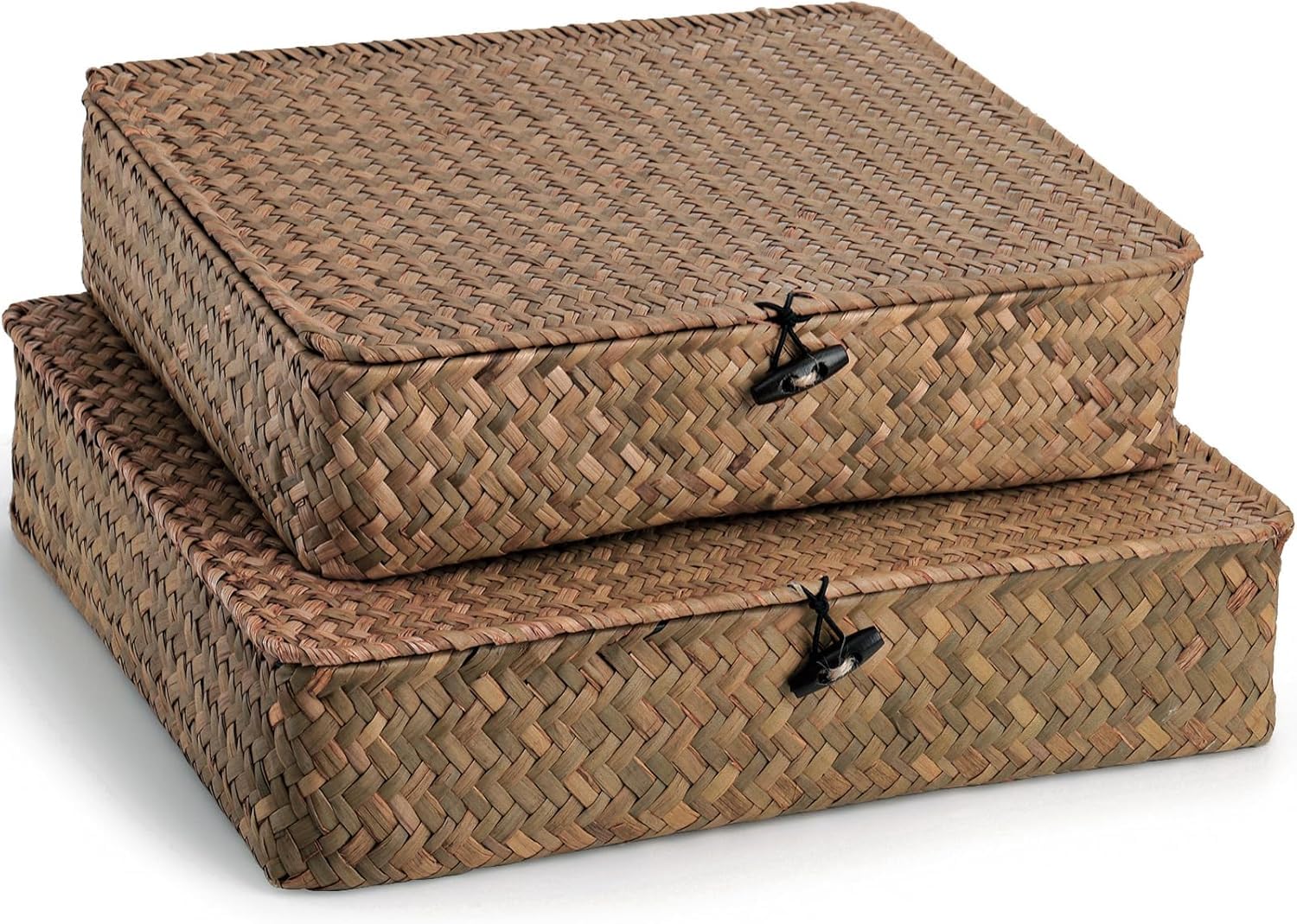 Elsjoy 2 Pack Seagrass Storage Box with Lid, Wicker Storage Baskets Flat Rattan Storage Bins, Woven Organizer Baskets for Shelf, Closet, Bedroom