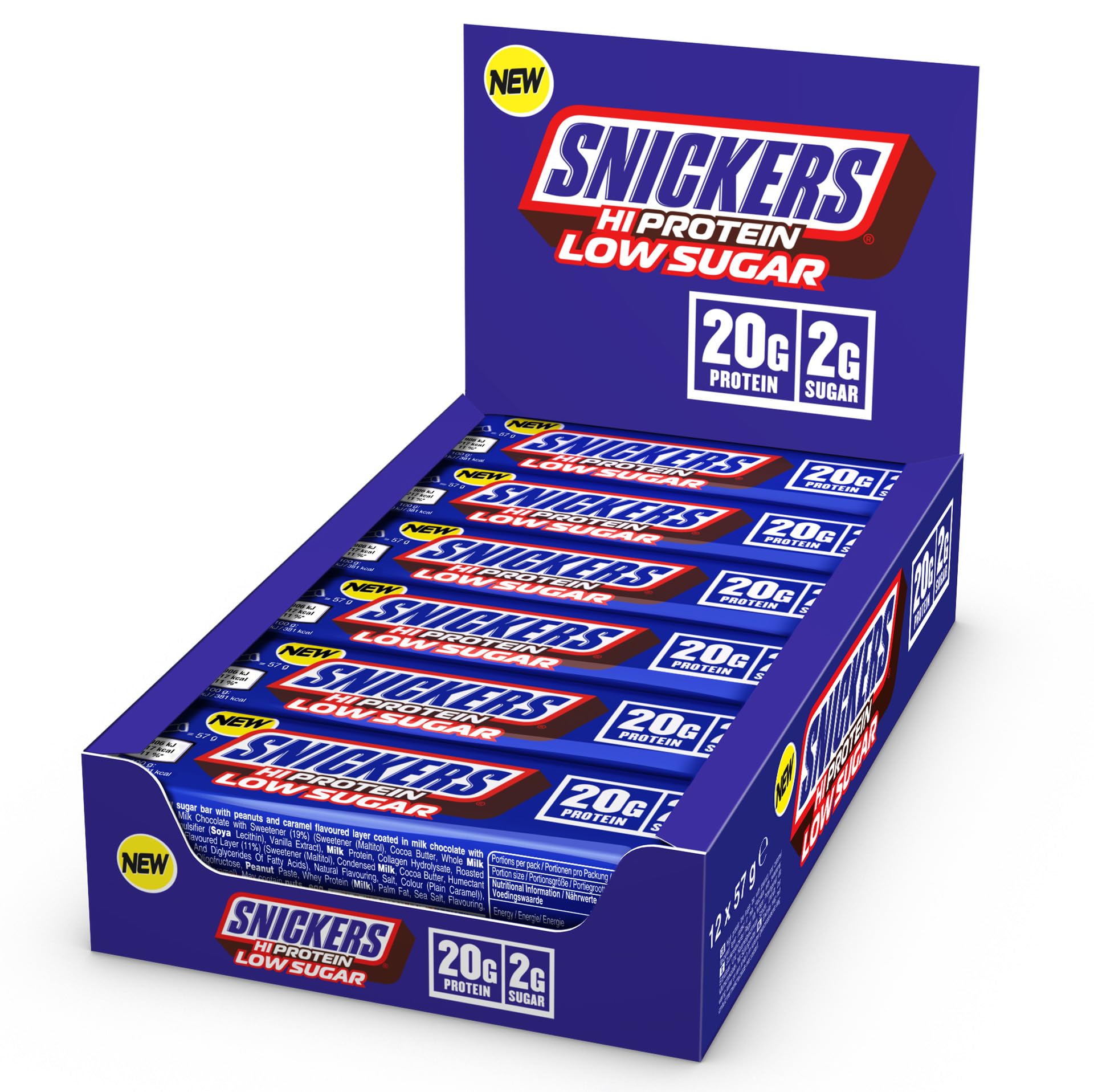 Snickers Protein Bar – Milk Chocolate, 12 × 57g – 20g Protein, Low Sugar (2g), High‑Protein Snack for Gym, Work & On‑the‑Go