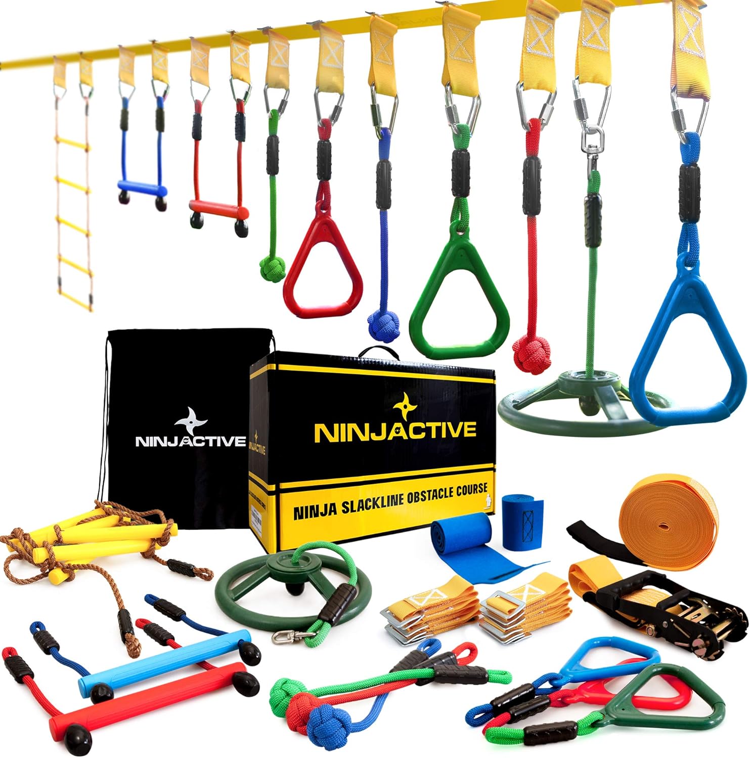 NINJACTIVE Ninja Warrior Obstacle Course for Kids - Weatherproof 50' Ninja Slackline Kit with 10 Obstacles Like Ladder, Spinning Wheel - Ninja Warrior Training Equipment with Slack Line for Backyard: Toys & Games