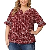 Agnes Orinda Plus Size Top for Women Dots Heart Boho Casual Smocked Short Sleeves Blouses Valentines Day