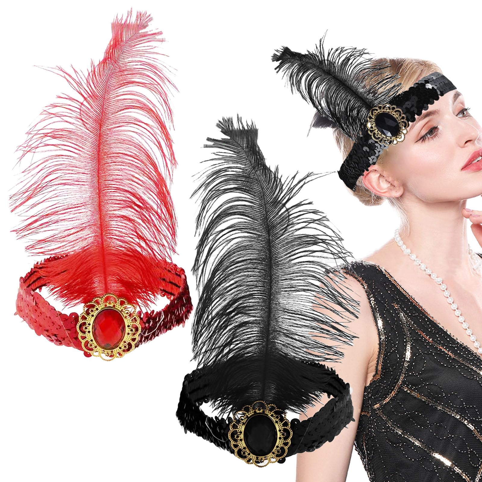 Qusmeiyici 2PCS 1920s Headbands for Women, Peacock Feather Sequins Headband Rhinestone Crystal Gatsby Flapper Headpiece Vintage Rhinestone Hair Accessories for Costume Party