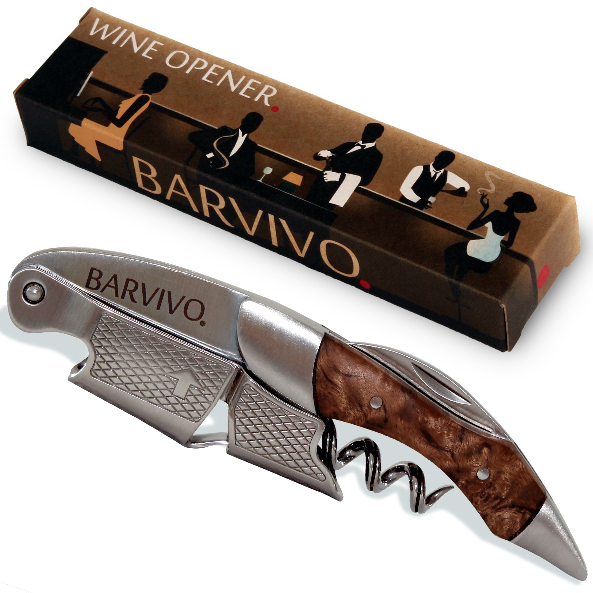 Barvivo Professional Waiters Corkscrew - Stainless Steel and Bai Ying Wine Opener and Bottle Opener with Double-Hinged Fulcrum - Durable Cork Screws for Wine Bottles with Foil Cutter - 11.9x1.5x3 cm