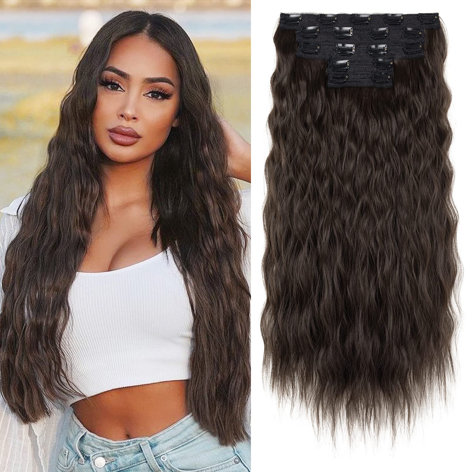 REECHO Clip in Hair Extensions, 5PCS Black Brown Hair Extensions 24" Thick Long Loose Waves hair extensions HE002 Invisible Lace Weft Natural Soft Hairpieces for Women ¨C Black Brown