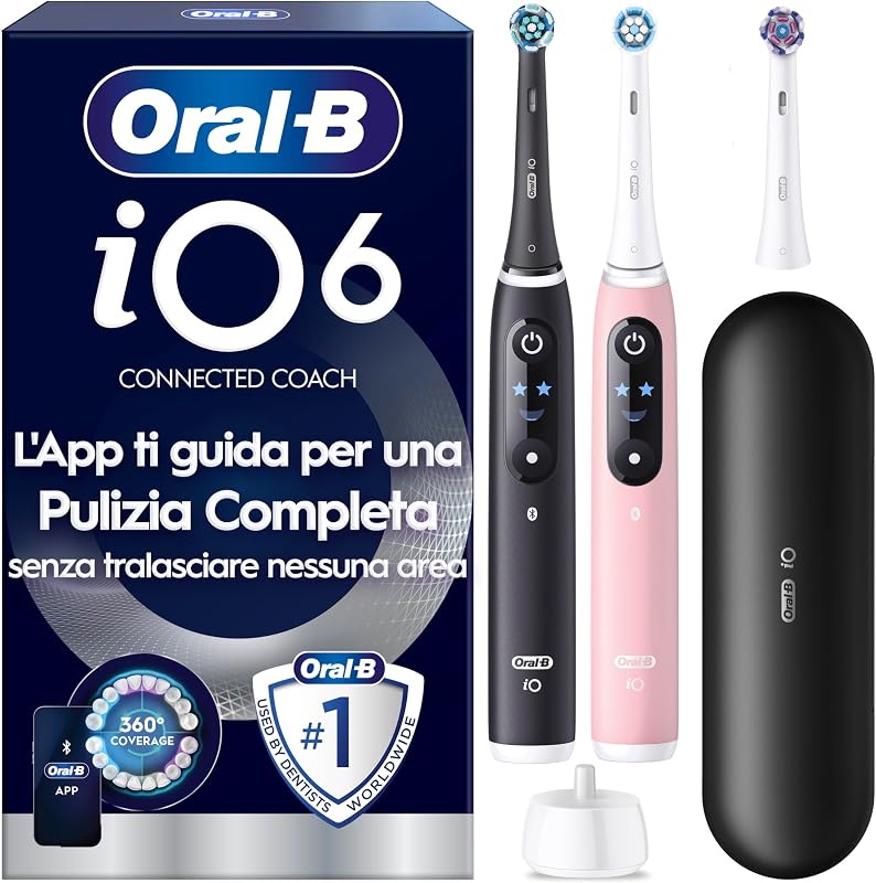 iO 6, 2 Spazzolini Elettrici, 3 Testine, Custodia, Nero e Rosa
