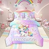 Erosebridal Girls Unicorn Twin Comforter Set with Sheets,Rainbow Kids Purple Unicorn Bedding Set 7 Piece,Cute Pink Bow Knot Bed Set Girly Bowknot Comforter with Fitted Sheet,Flat Sheet,Pillowcases