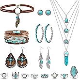 MJartoria Native American Bohemian Feather Charm Handmade PU Leather Choker Necklace Turquoise Western Jewelry for Women Set (Native, 18, Count)