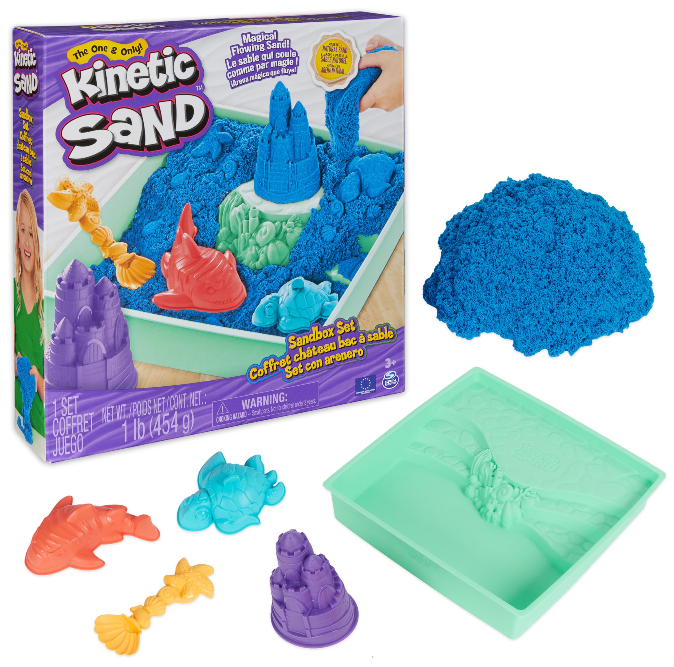 Kinetic Sand, Sandbox Set with 1lb Blue Play Sand, 4 Tools & Molds, Storage, Sensory Toys for Kids Ages 3 and up