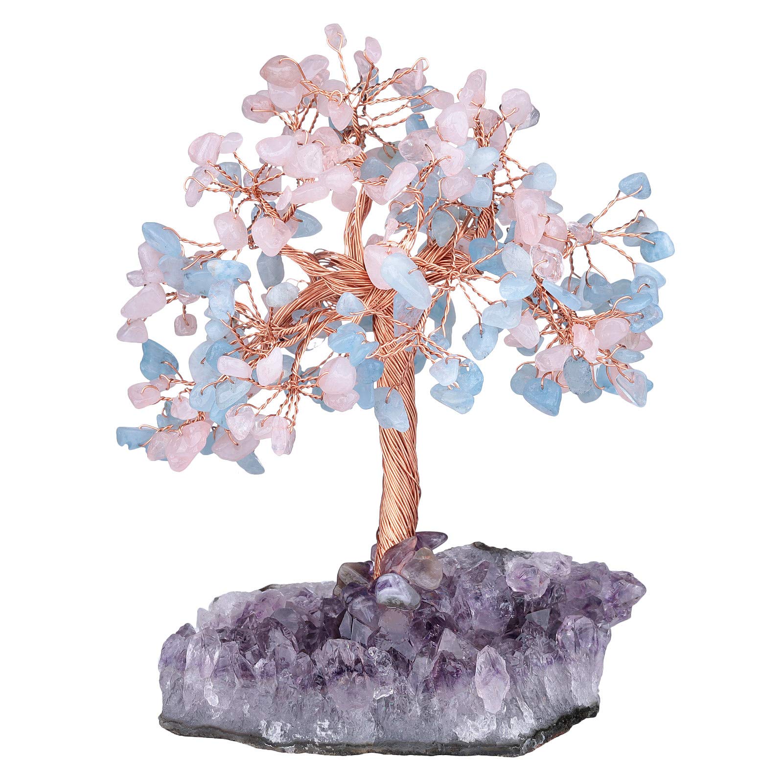 Mookaitedecor Rose Quartz & Aquamarine Crystal Tree With Cluster Base - Bonsai Money Tree Gift for Wealth, Luck, Feng Shui - Reiki Healing Pink Blue Room Decor Ornament