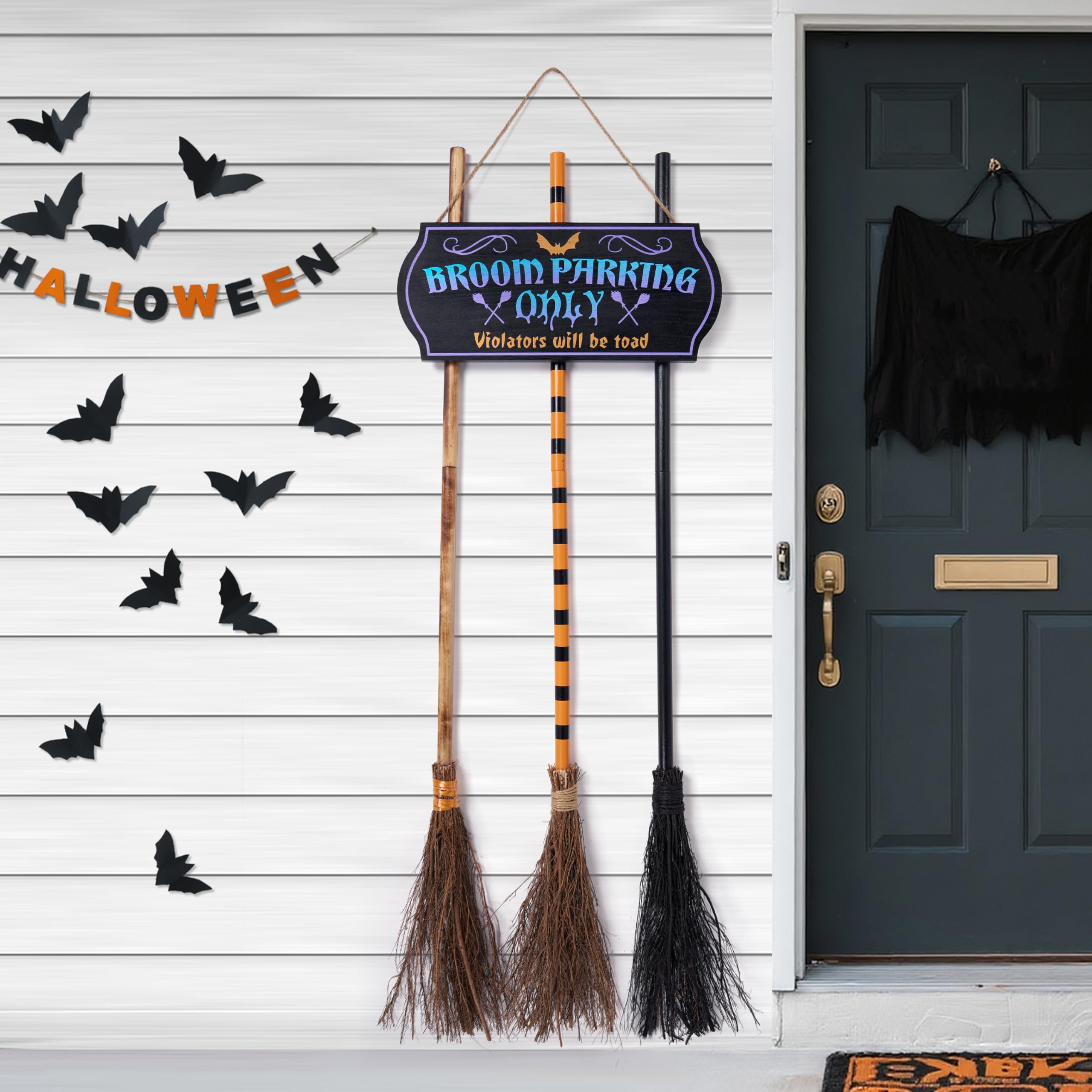 Photo 1 of JOYIN Halloween Broom Parking Sign with 3pcs Wooden Witches Brooms, Halloween Decorations Outdoor, Wooden Warning Sign for Front Porch Wall Decor Home Office Indoor
