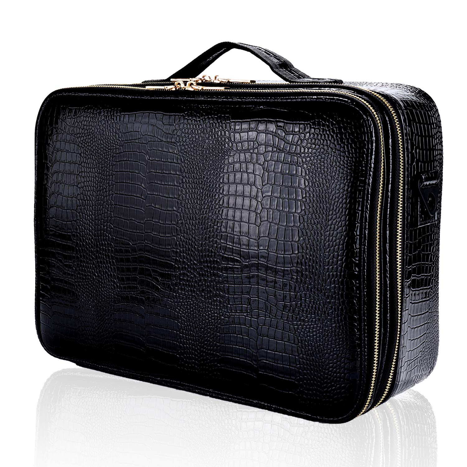 Photo 1 of JOURMON Travel Makeup Case Portable Makeup Train Case Organizer Cosmetic Bag with Adjustable Dividers and Shoulder Strap for Makeup Brushes Toiletry Travel Accessories(Crocodile Pattern Black, L)