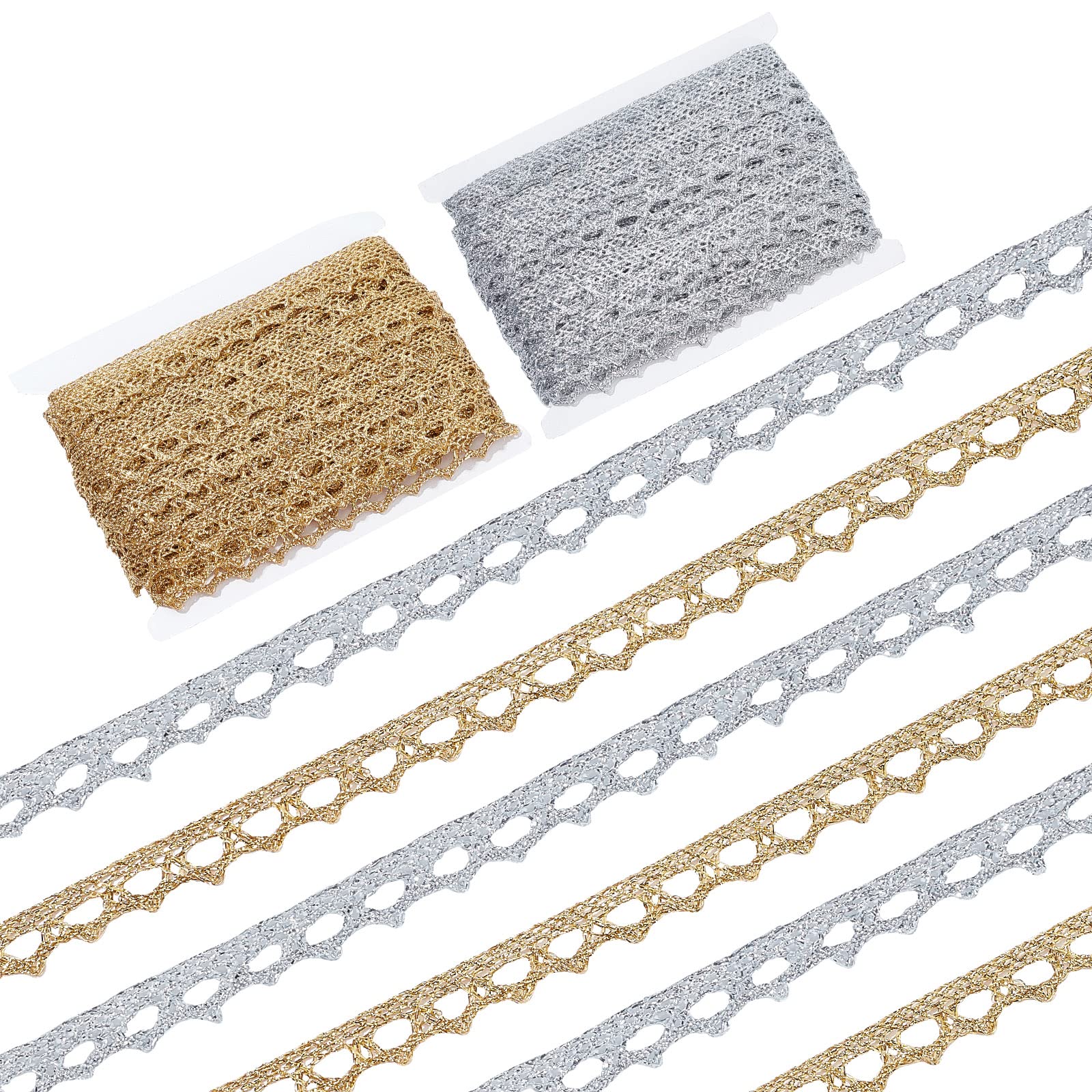 GORGECRAFT Metallic Braid Lace Trim Handmade Gold Circle Trimmings Golden Silver Ribbon Edge Love Craft for Sewing Cake Fringe Bridal Wedding Decoration, 40 Yards 9mm Gold + Silver