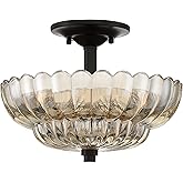 Quoizel Whitecap Vintage Semi-Flush Mount Ceiling Light Fixture, 12" 3-Light Mottled Cocoa Hanging Light with Scalloped Amber