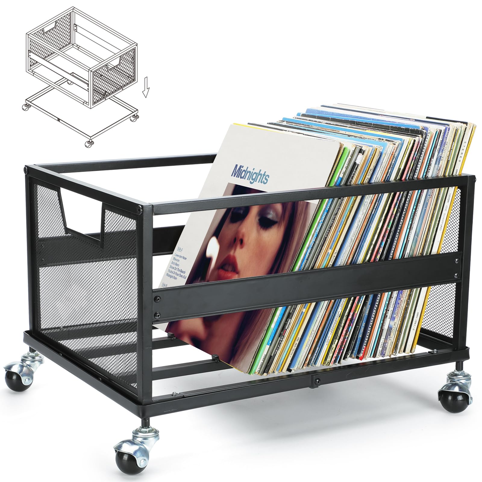 Photo 1 of Playboda Metal Vinyl Record Storage Crate with Wheels, Vinyl Record Holder for Albums, Vinyl Record Storage Rack - Holds up to 100 LP, Stylish Organizer for Your Vinyl Record Collection
