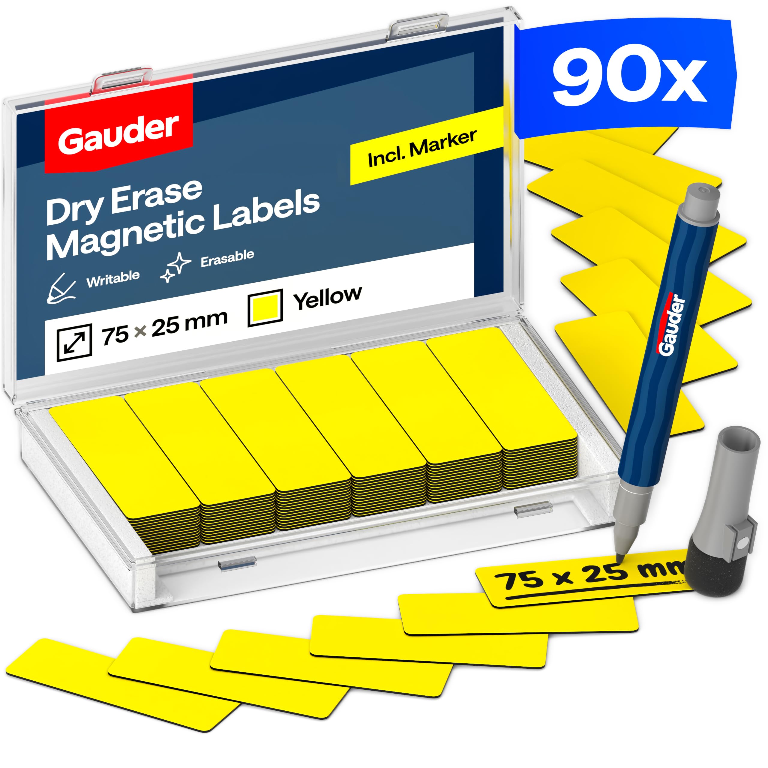 GAUDER Magnetic Labels Writable - Reusable Magnetic Tags for Whiteboard, Blackboard, Kanban Board and Fridge - Magnet Cards with Marker (90 Pieces - 75 x 25 mm)