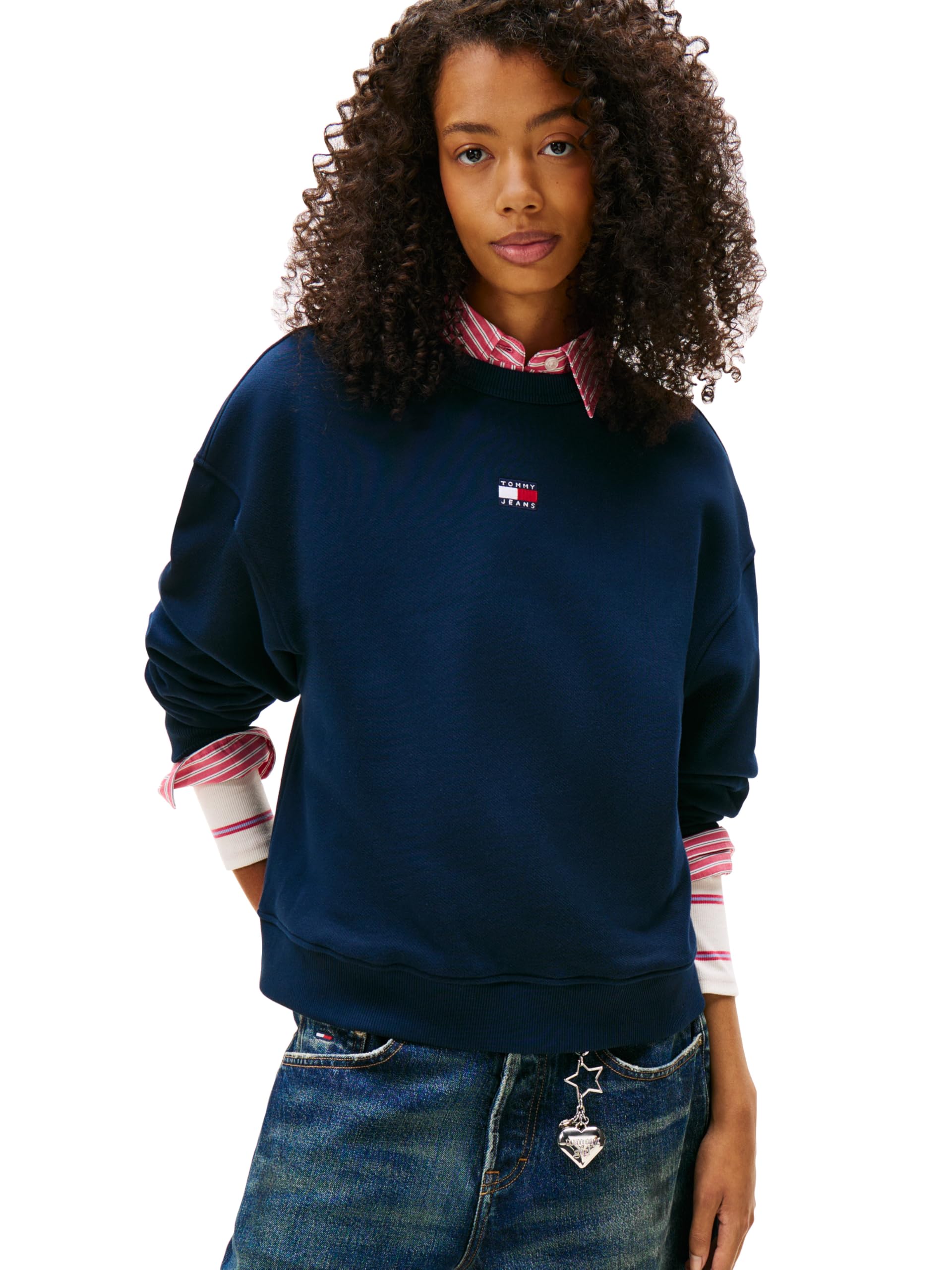 Tommy Jeans Womens Boxy Badge Crew Neck Sweatshirt, DARK NIGHT NAVY Large