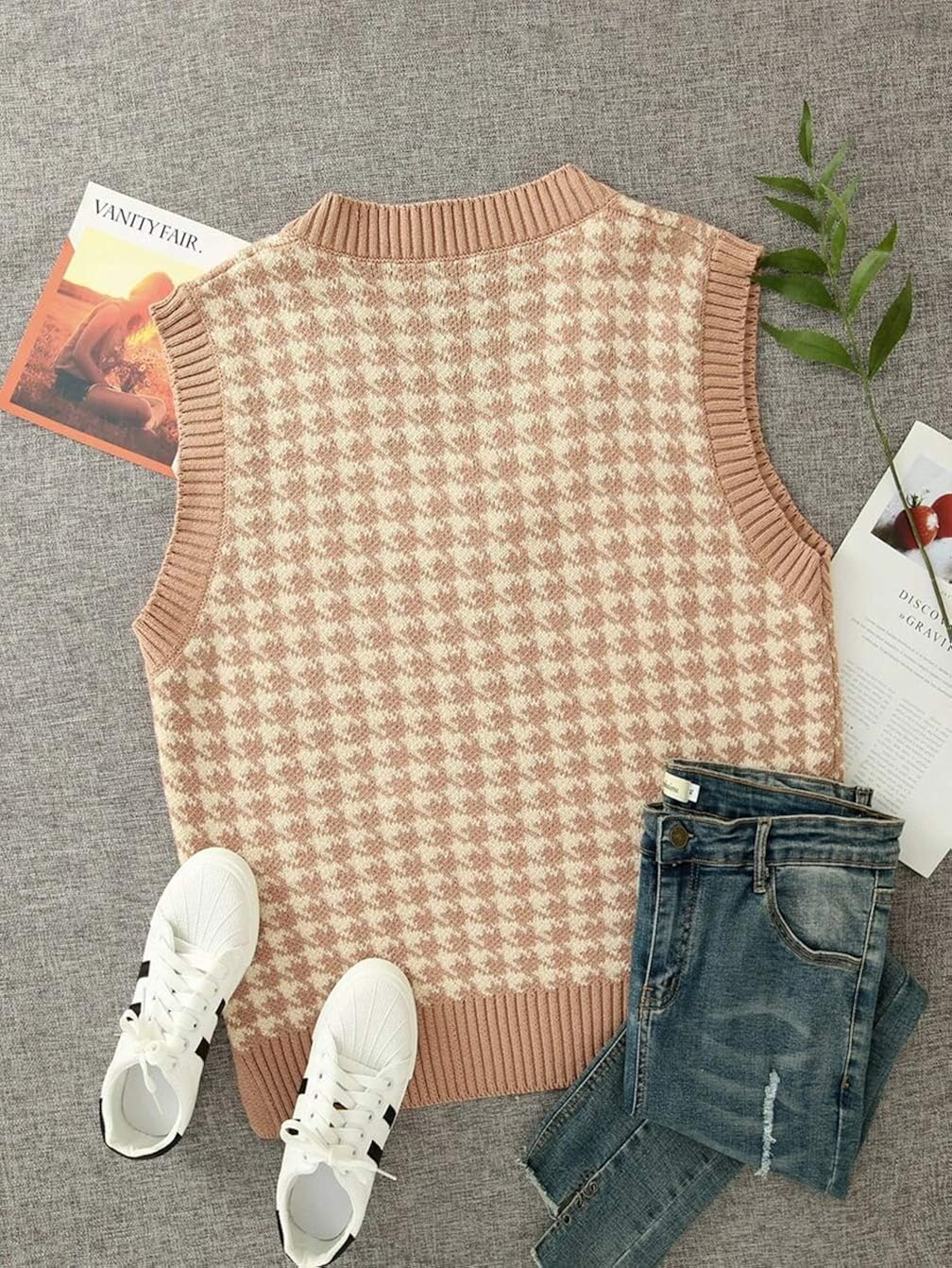 Sdencin Women Houndstooth Pattern Knit Sweater Vest Sleeveless Loose V-Neck 90s Waistcoat Pullover Knitwear Top at  Women’s Clothing store