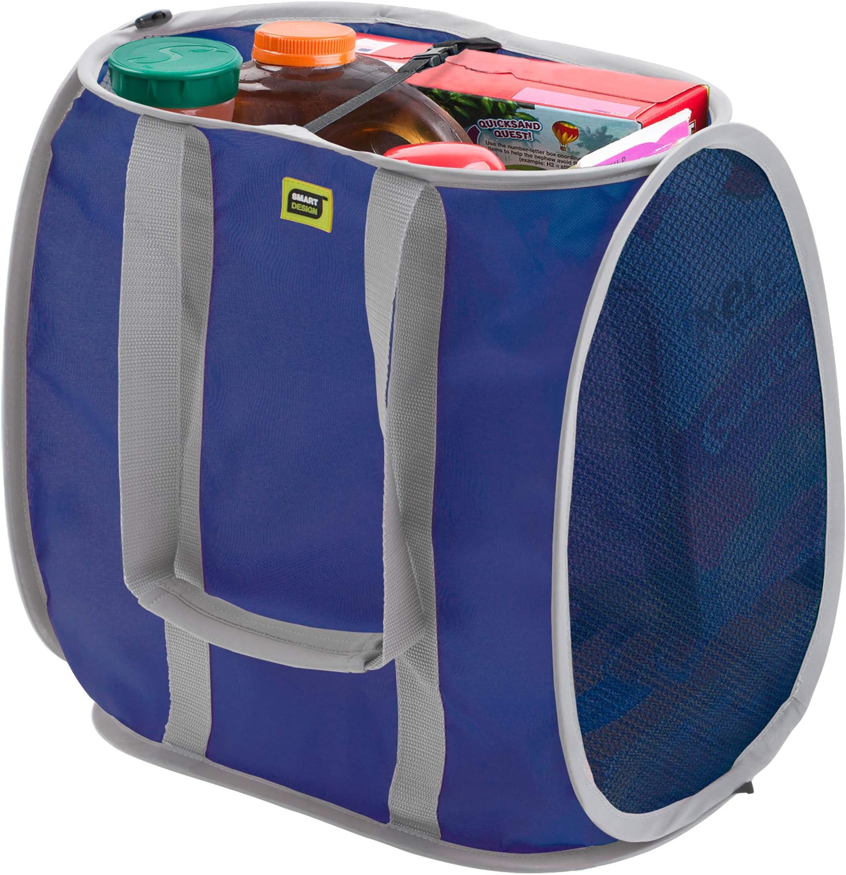 Smart Design Pop Up Shopping Bag - Reusable - Large - Heavy Duty Polyester - Folds Flat - Supermarket, Trunk Storage - Home Organization - 15 x 10 Inch - Navy with Gray Trim