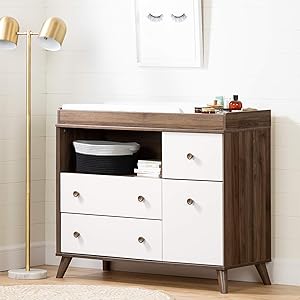 South Shore 12179 Yodi Changing Table with Drawers-Natural Walnut and Pure White