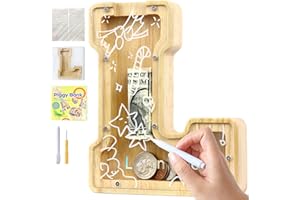 weallbuy Wooden Letter Piggy Bank A-Z Personalized Kids Coin Bank with Stickers Marker Screwdriver (L)
