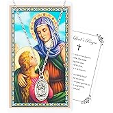 Saint Anne Medallion Necklace with St Anne Prayer Card, Lord's Prayer Card | St Anne Medal Jewelry | Catholic Holy Patron Saint Of Unmarried Women, Mothers, Grandmothers Themed Set, Total 3 Items