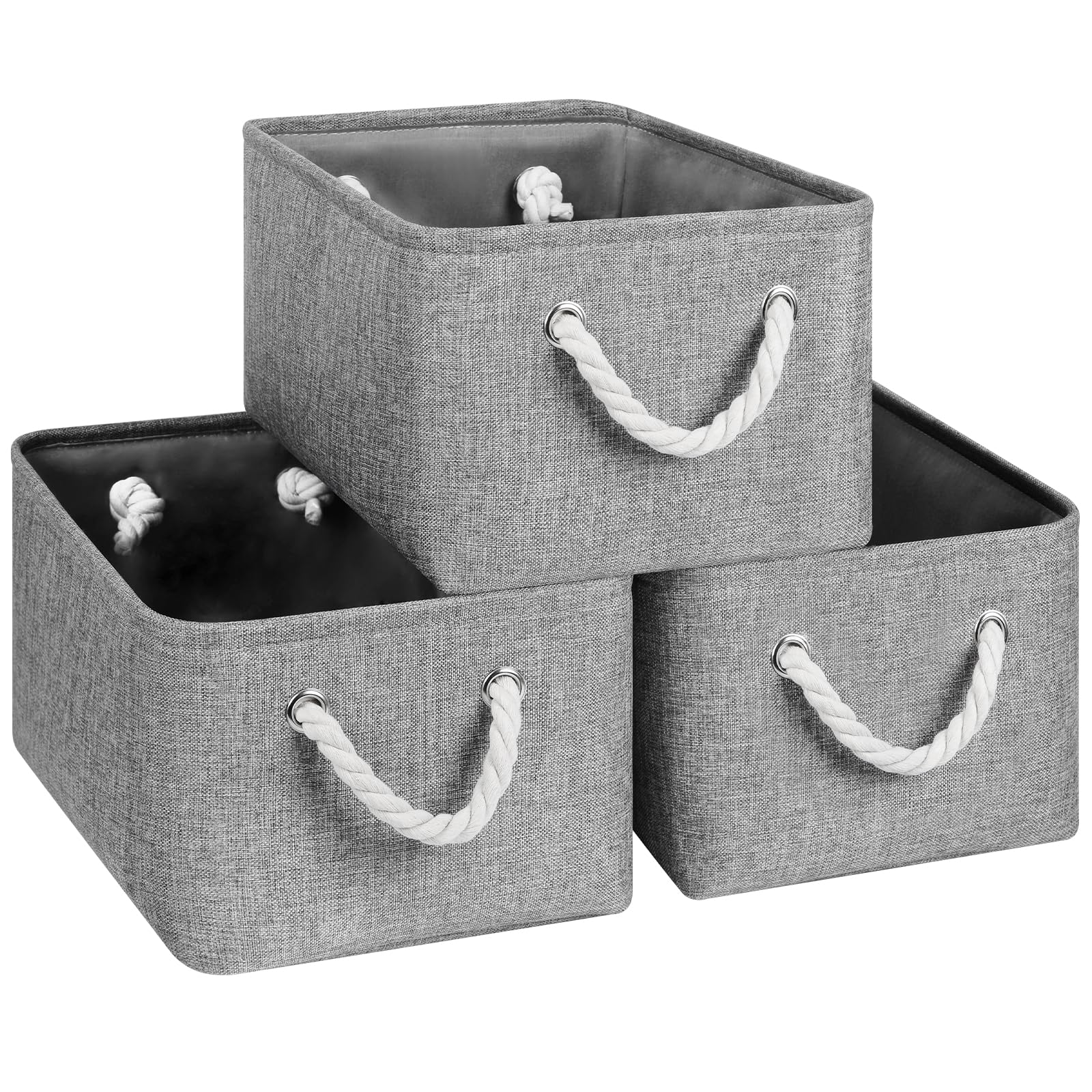Patvingot Storage Baskets 14.1” x 10.2” x 7” for Shelves,Canvas Storage Boxes with Handles, Fabric Storage Bins for Organizing Home and Clothes, Office(Medium- 3 Pack, Grey)