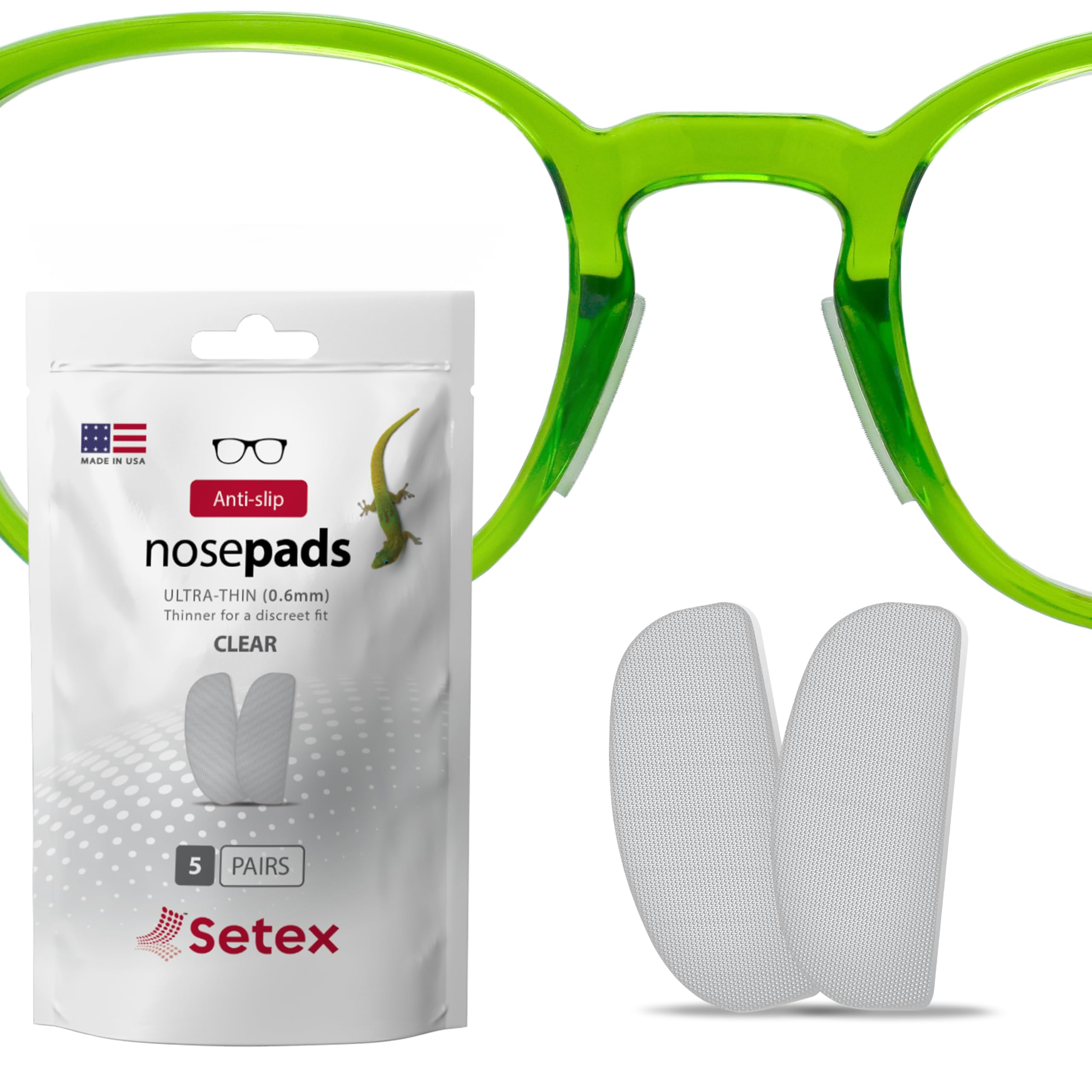 Setex Gecko Grip Glasses Nose Pads (5 Clear Pairs) - Anti-Slip Ultra-Thin 0.6 mm, Micro-Structured Fibers, Ultra-Strong Grip, Ultra-Soft, Self Stick Adhesive, 0.6 x 7 x 16 mm