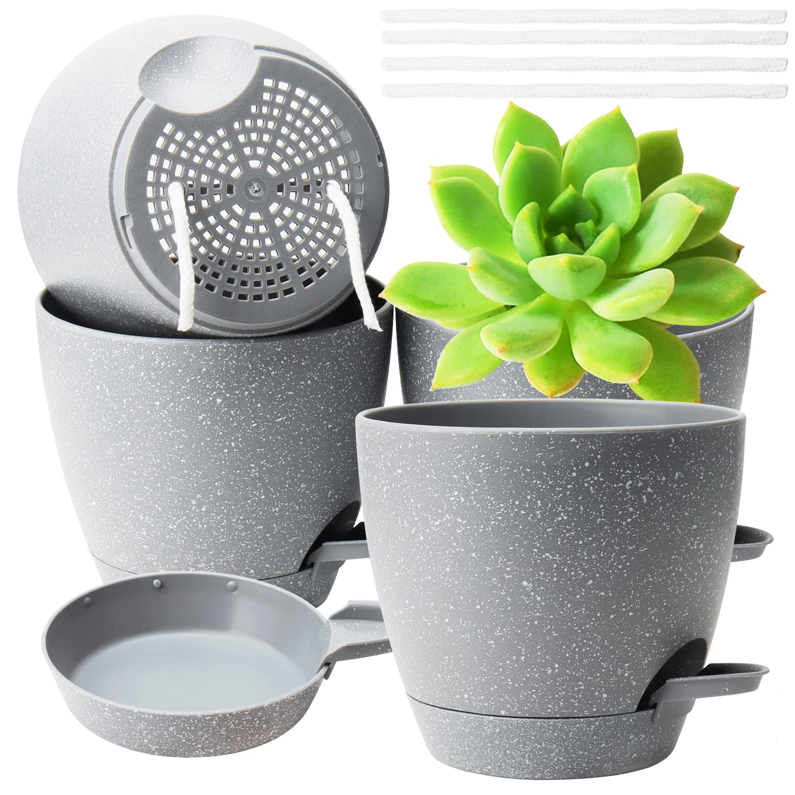 ZEONHEI 4 Pack 15CM Self Watering Plant Pots, Indoor Plastic Plant Pots with Saucer and Water Reservoir, Modern Self Watering Planter Flower Pots for Houseplants, Grey