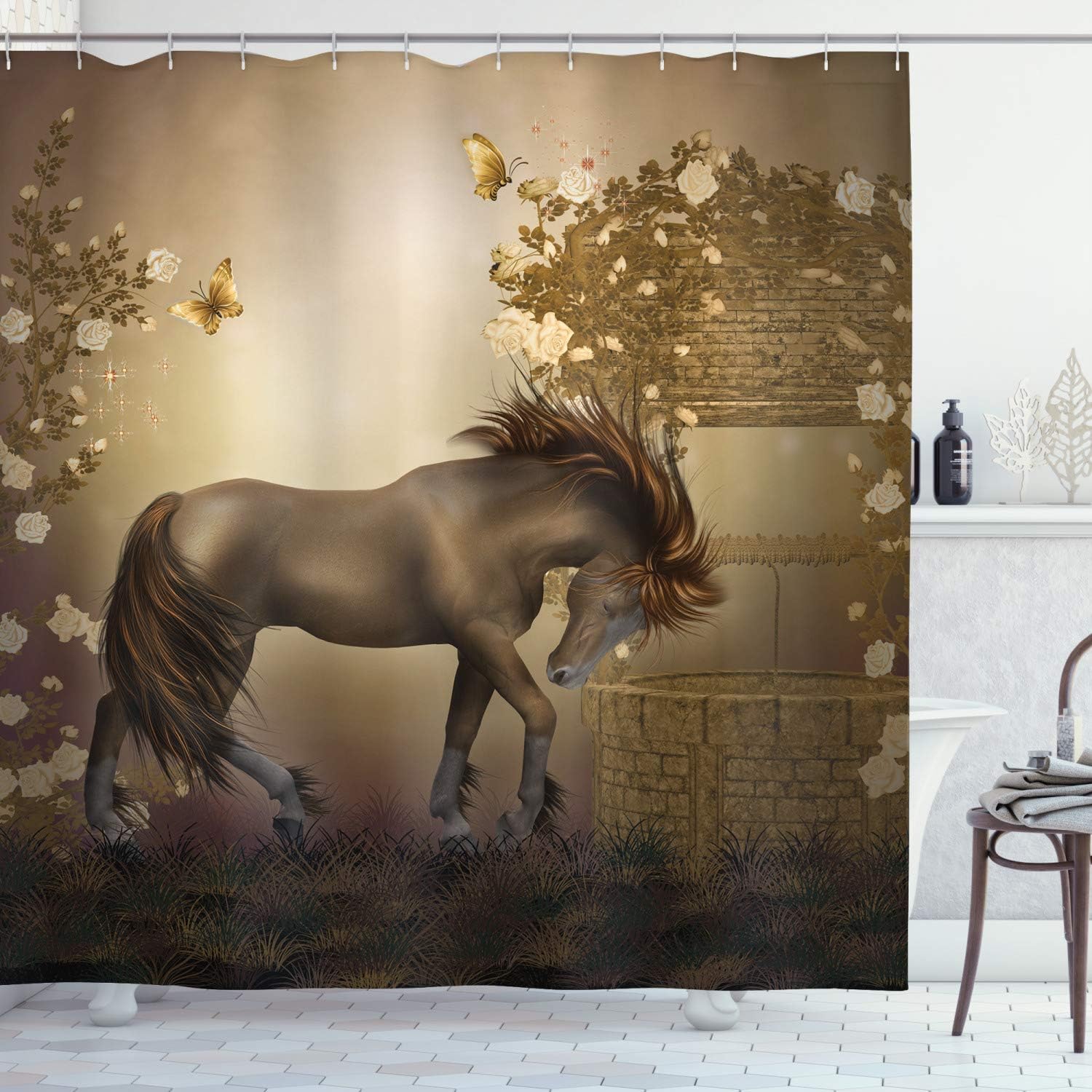 Ambesonne Mystic Shower Curtain, Horse in Roses Garden with Butterflies Fantasy Romantic Moon Print, Cloth Fabric Bathroom Decor Set with Hooks, 70" Long, Beige Brown
