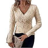 SOLY HUX Women's V Neck Sweater Long Sleeve Criss Cross Wrap Cable Knit Pullover Fall Jumper Tops