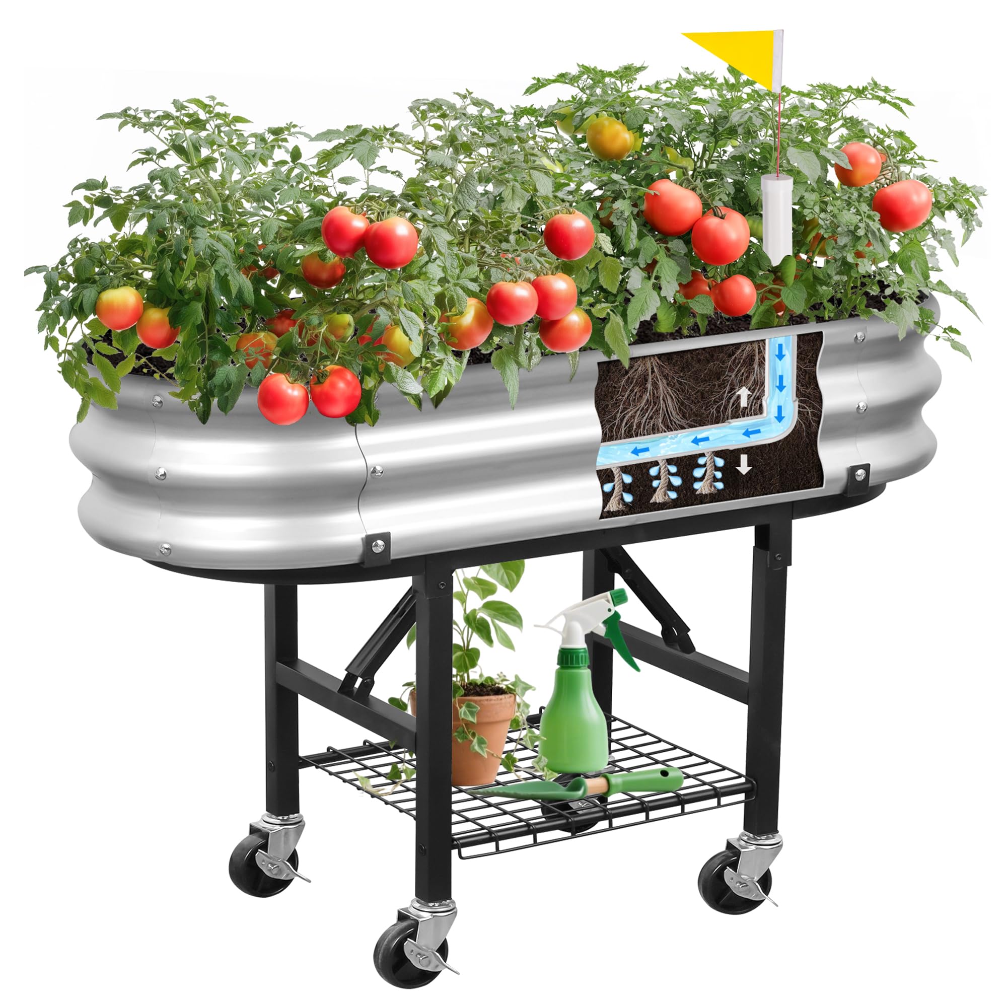 Photo 1 of The Home Cult Raised Garden Bed with Legs and Heavy Duty Wheels, Self-Watering Planter Box, Easy-Install Foldable Stand, Galvanized Metal Elevated Wicking Bed with Liner for Indoor Outdoor Gardening