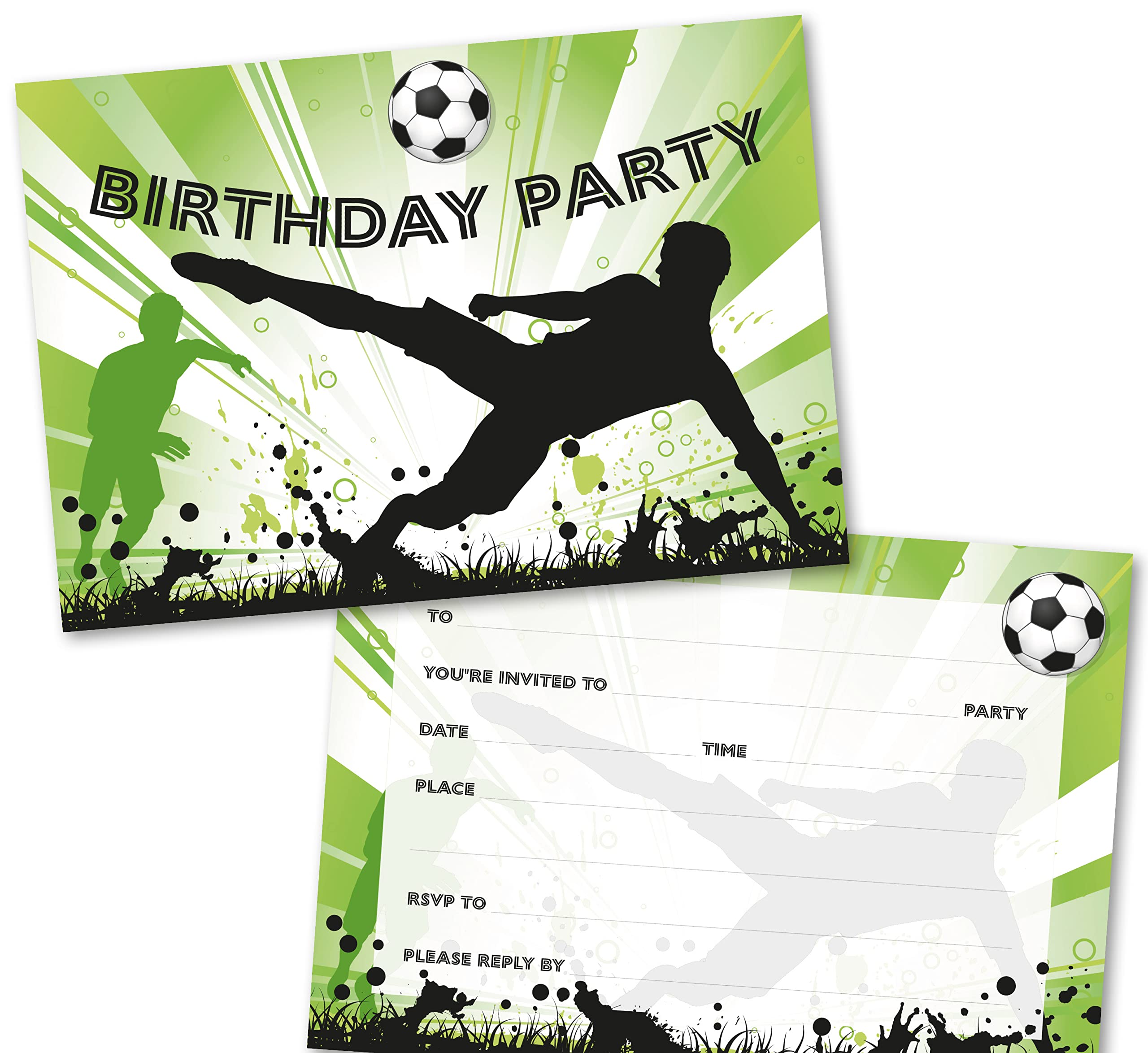 Party Invitations Pack of 36. Football Themed Invitation with Matching envelopes. 120 x 172mm. Party Invites, Birthday Party Invitations. Designed and Printed in UK.