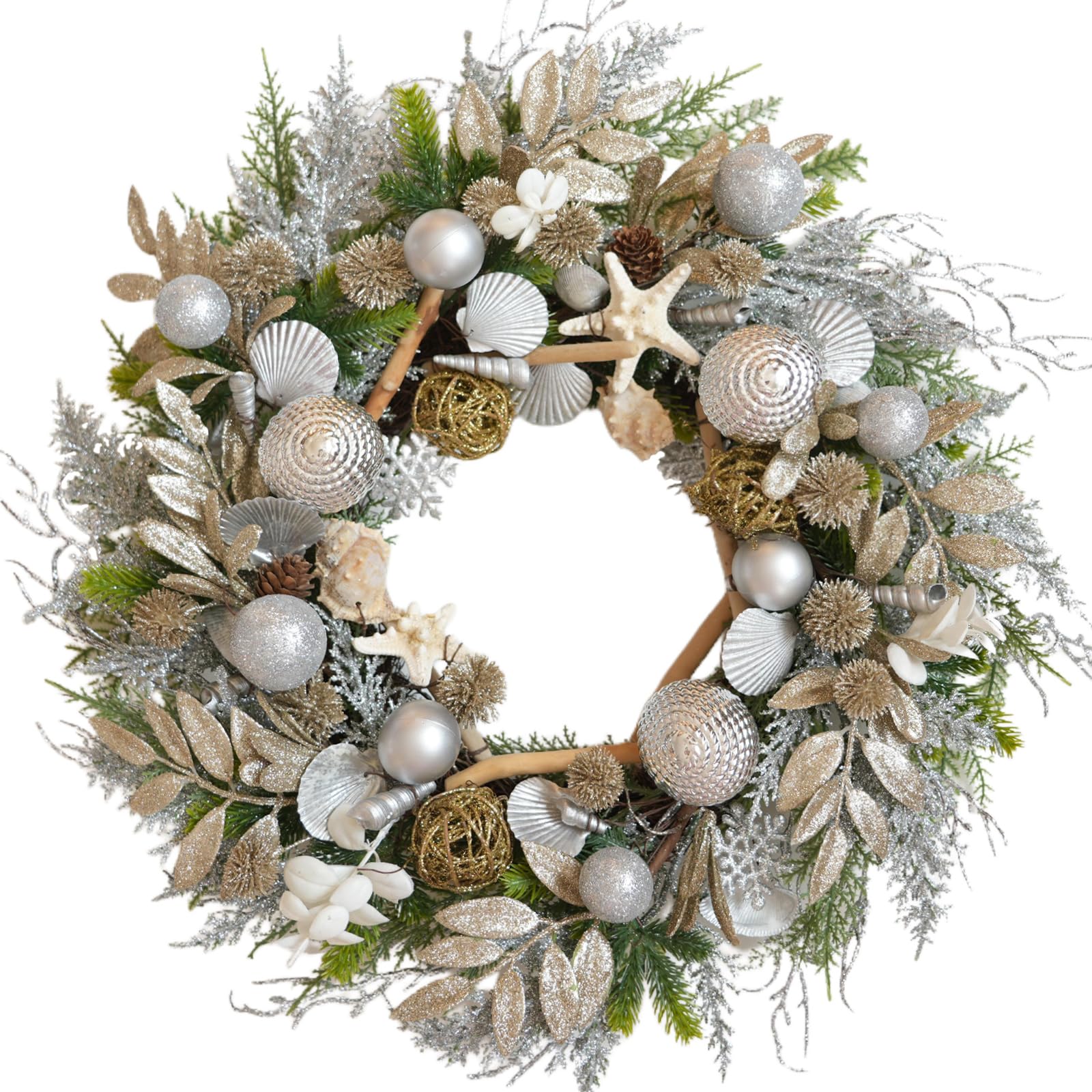Photo 1 of 22 Inch Champagne Gold & Silver Seashell Wreath for Front Door, Coastal Summer Wreath with Natural Starfish, Abalone and Sand Dollars, Under The Sea Theme for Indoor Outdoor Decor