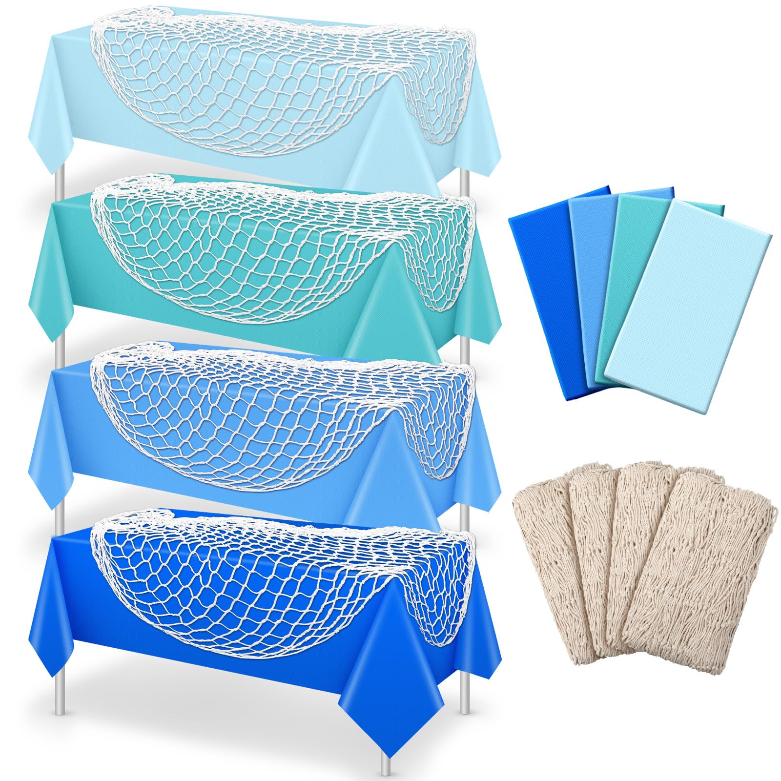 Unittype 8 Pcs Fish Net Decorative and Tablecloth Set, Cotton Fishnet and Plastic Table Cover Decorations Set for Nautical Themed Party Baby Shower Pirate Decorations Mermaid Party (Natural Colors)