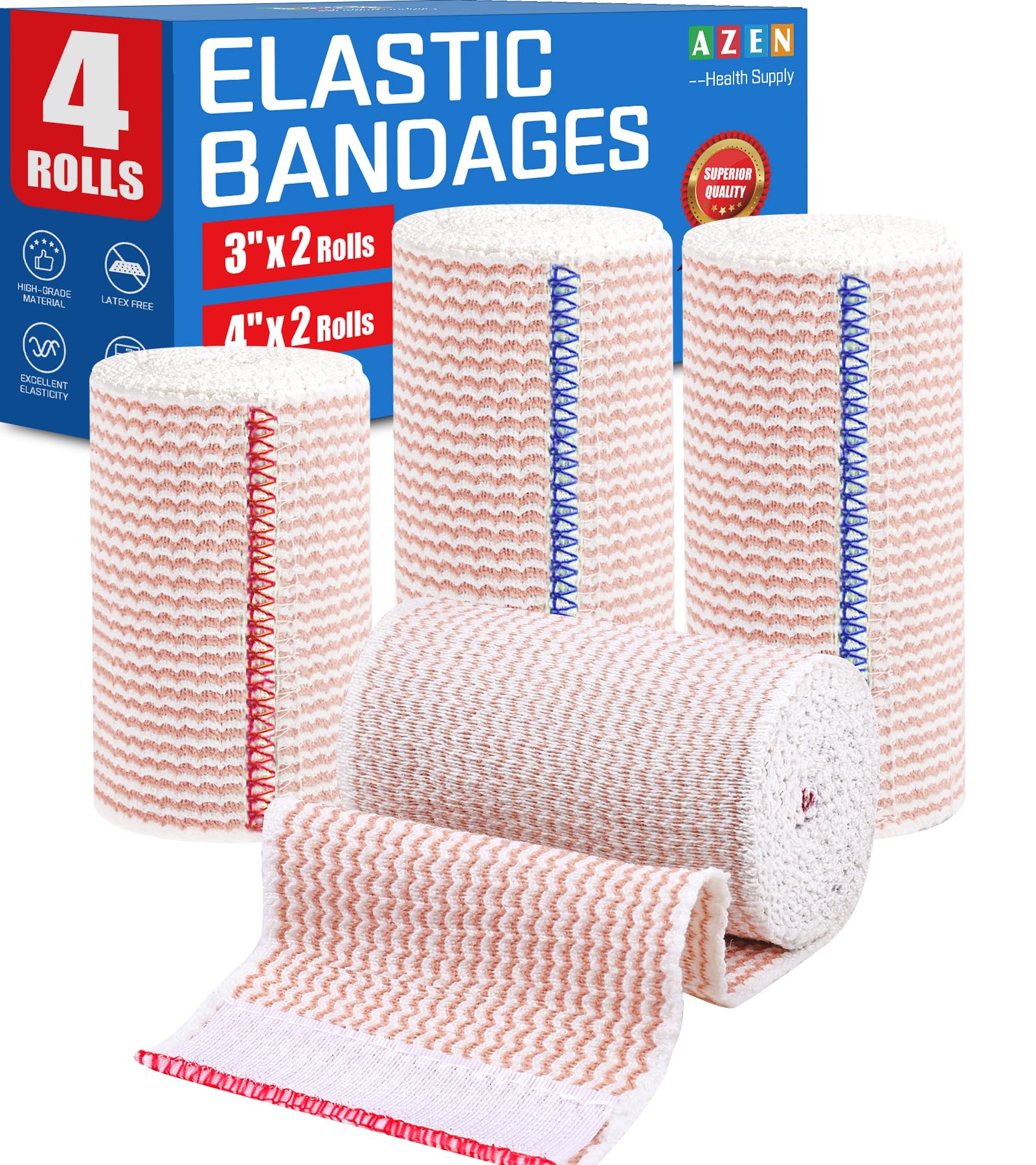 Photo 1 of AZEN Premium 4 Pack Elastic Bandage Wrap (2x3, 2x4), Compression Wrap Bandage for Legs, Ankle, Knee, Tummy, Body, Lymphedema Wraps for Legs, Latex-Free