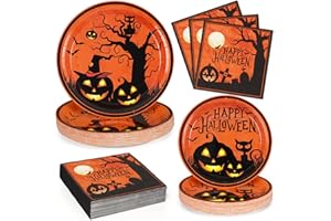 Homlouue 200 PCS Halloween Plates and Napkins, Black Pumpkin Paper Plates for Halloween Party Decoration, Serves 50, With Bat & Cat Design