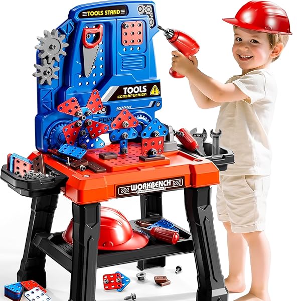 KIZONLY KIDS TOOL TOY PLAYSET WITH ELECTRONIC DRILL SOUND FOR AGED 3 4 5 6 7 8, WORKBENCH TOYS FOR TODDLERS 3-5, PRETEND PLAY TOOL BOX, CONSTRUCTION MECHANIC SET, BIRTHDAY GIFT FOR BOYS GIRLS AGES 3-8