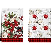 XCHI Red Plaid Winter Poinsettia Cross Snowman Christmas Kitchen Towels Dish Towels 18x26 Inch Xmas Home Kitchen Decorations Hand Towels Set of 2 Drying Dishcloth